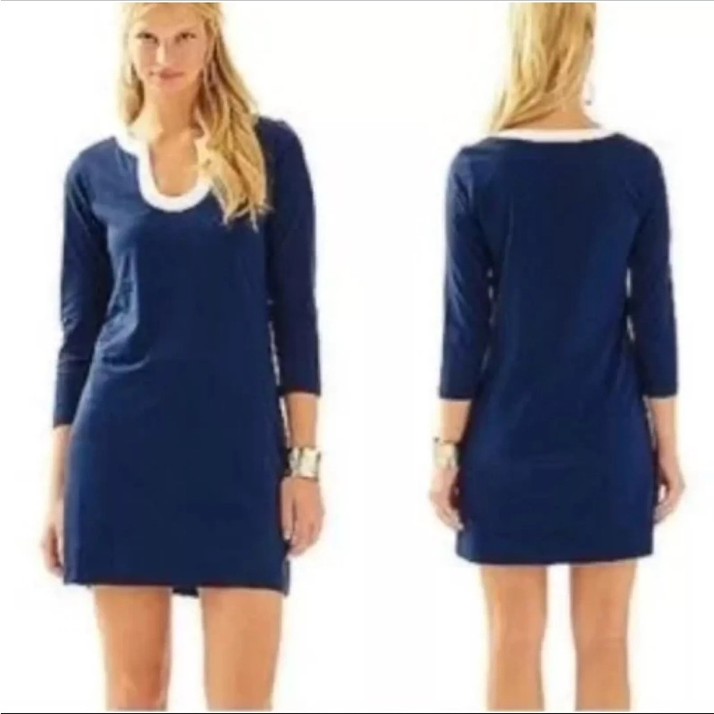 LILLY PULITZER MARLINA NAVY BLUE WHITE PIMA COTTON TSHIRT DRESS XS